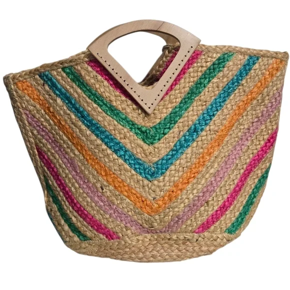 Antik Kraft Colorful Woven  Chevron Jute Tote Bag - Picture 2 of 9